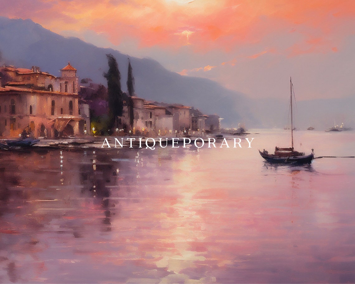 Harbor Town at Sunset with Boats Impressionist Landscape Poster - Image 2