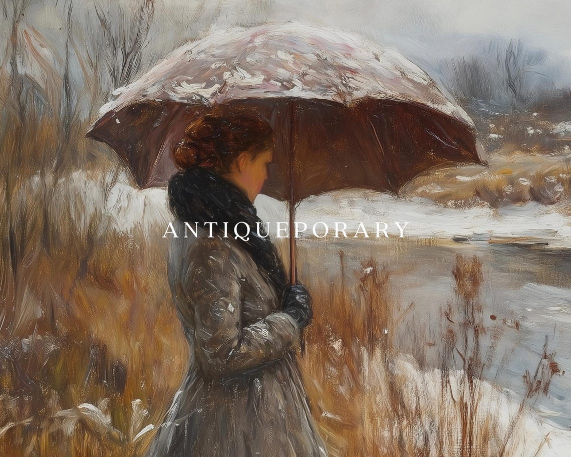 Woman with Umbrella Standing by a Snowy River Winter Scene Poster - Image 3