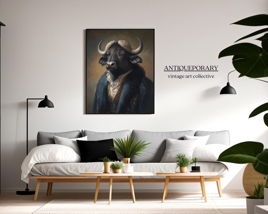 Majestic Buffalo in Navy Fur Coat Victorian Portrait Wall Art - Image 5
