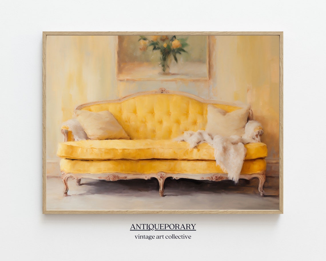 Yellow Antique Tufted Sofa Classic Interior Oil Painting Poster
