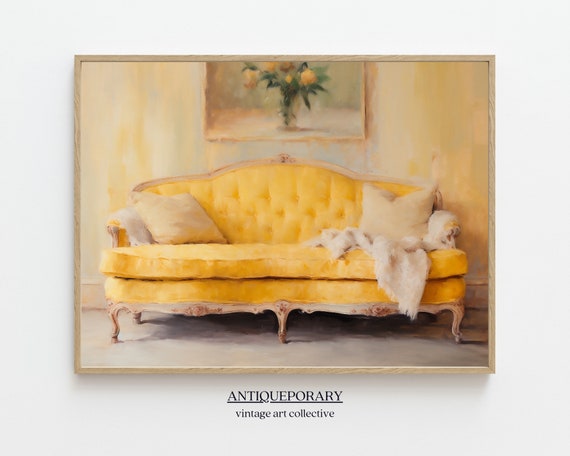 Vintage Yellow Antique Couch Painting Colorful Still Life Painting Luxurious Vintage Interior Rustic Oil Painting Vintage Art