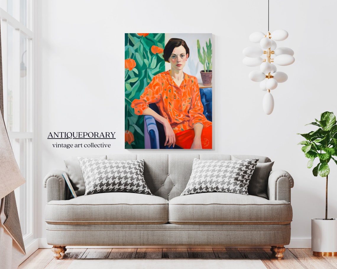 Woman in Orange Floral Blouse Modern Portrait with Tulips Poster - Image 5