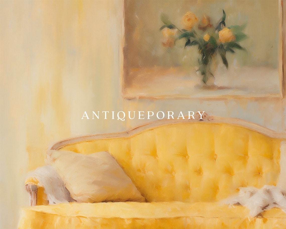 Yellow Antique Tufted Sofa Classic Interior Oil Painting Poster - Image 3