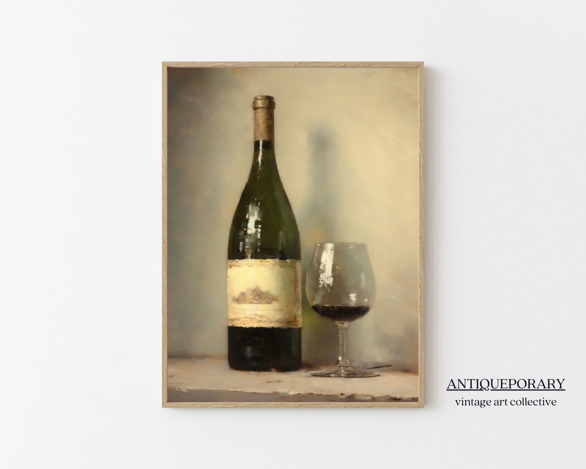 Red Wine Bottle and Filled Glass Vintage Kitchen Still Life Print