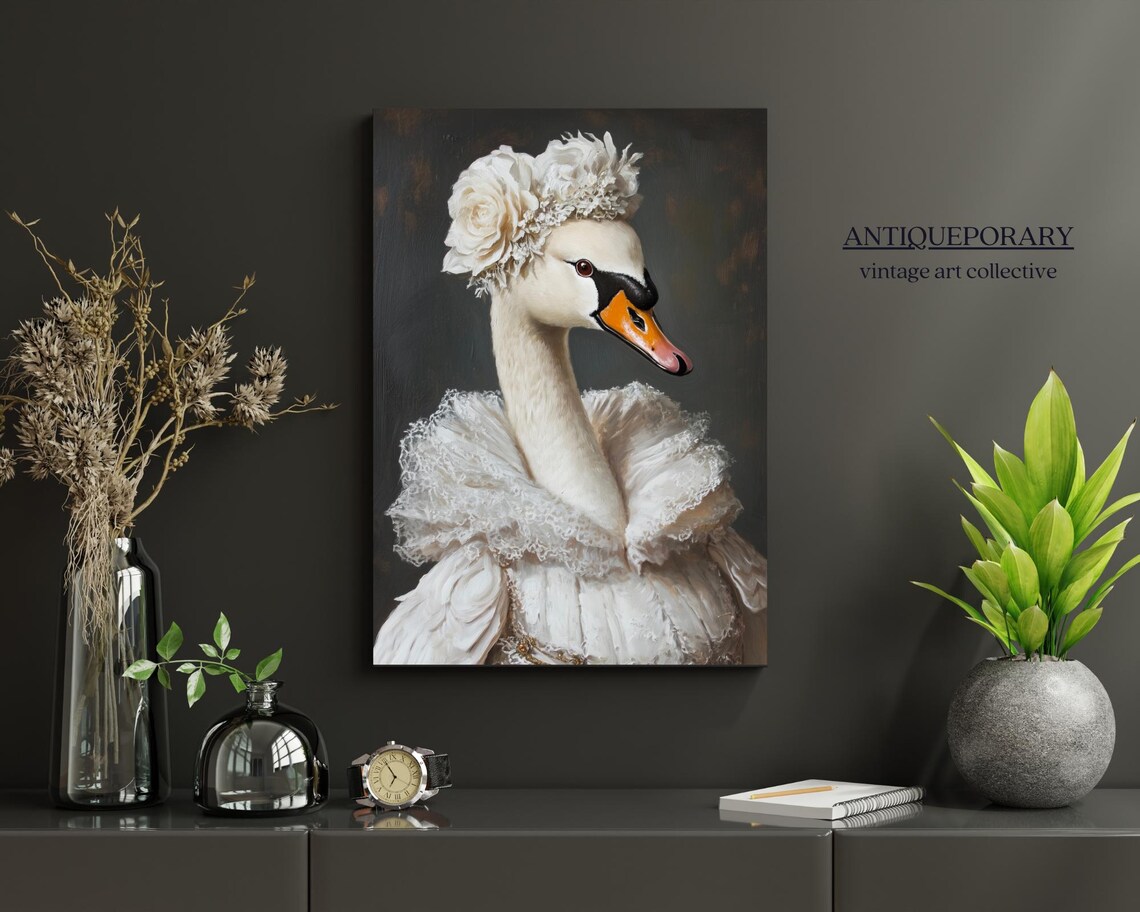 Elegant White Swan Lady Lace Ruff Floral Headdress Oil Portrait Poster - Image 3