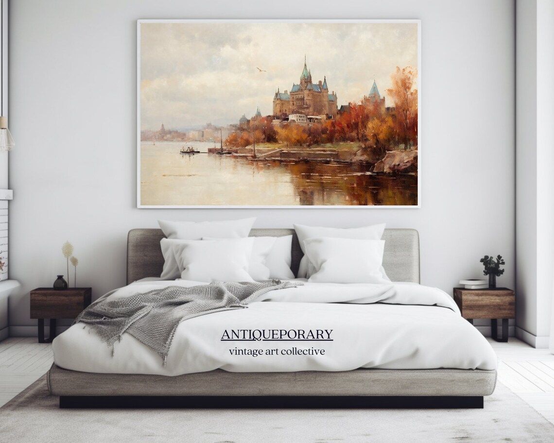 Grand Chateau Riverbank Autumn Foliage Vintage Cityscape Poster - Image 4