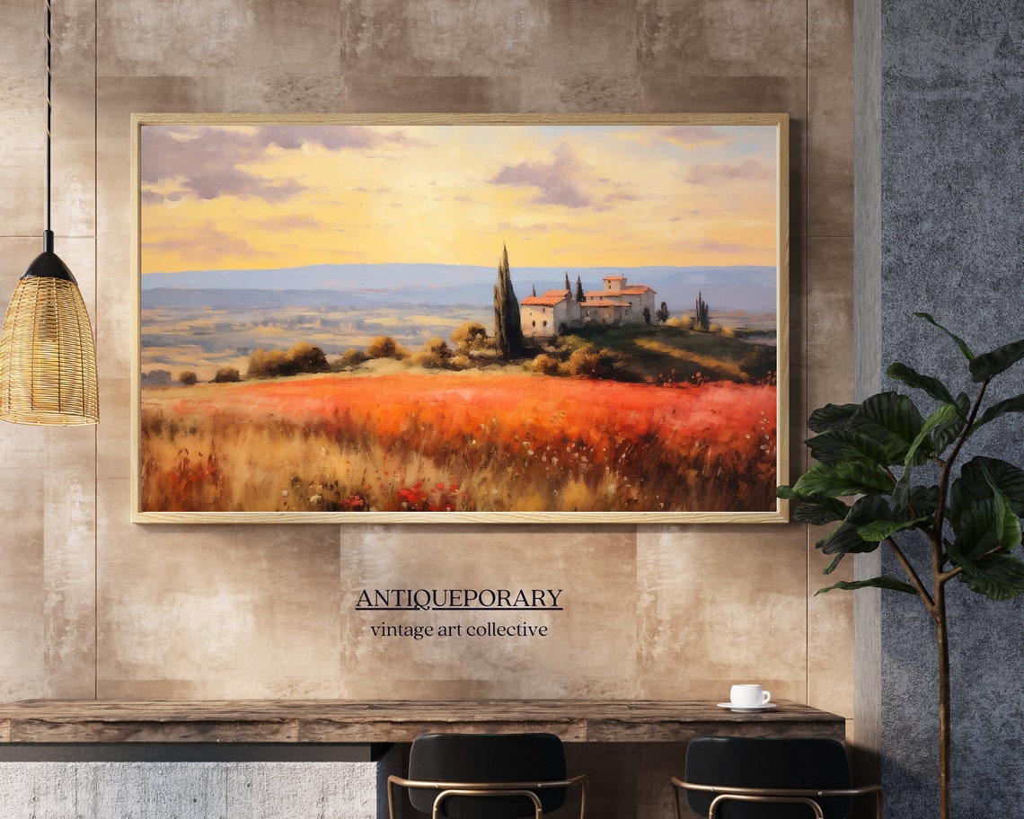 Tuscan Villa on a Hilltop Above a Red Poppy Field Sunset Poster - Image 7