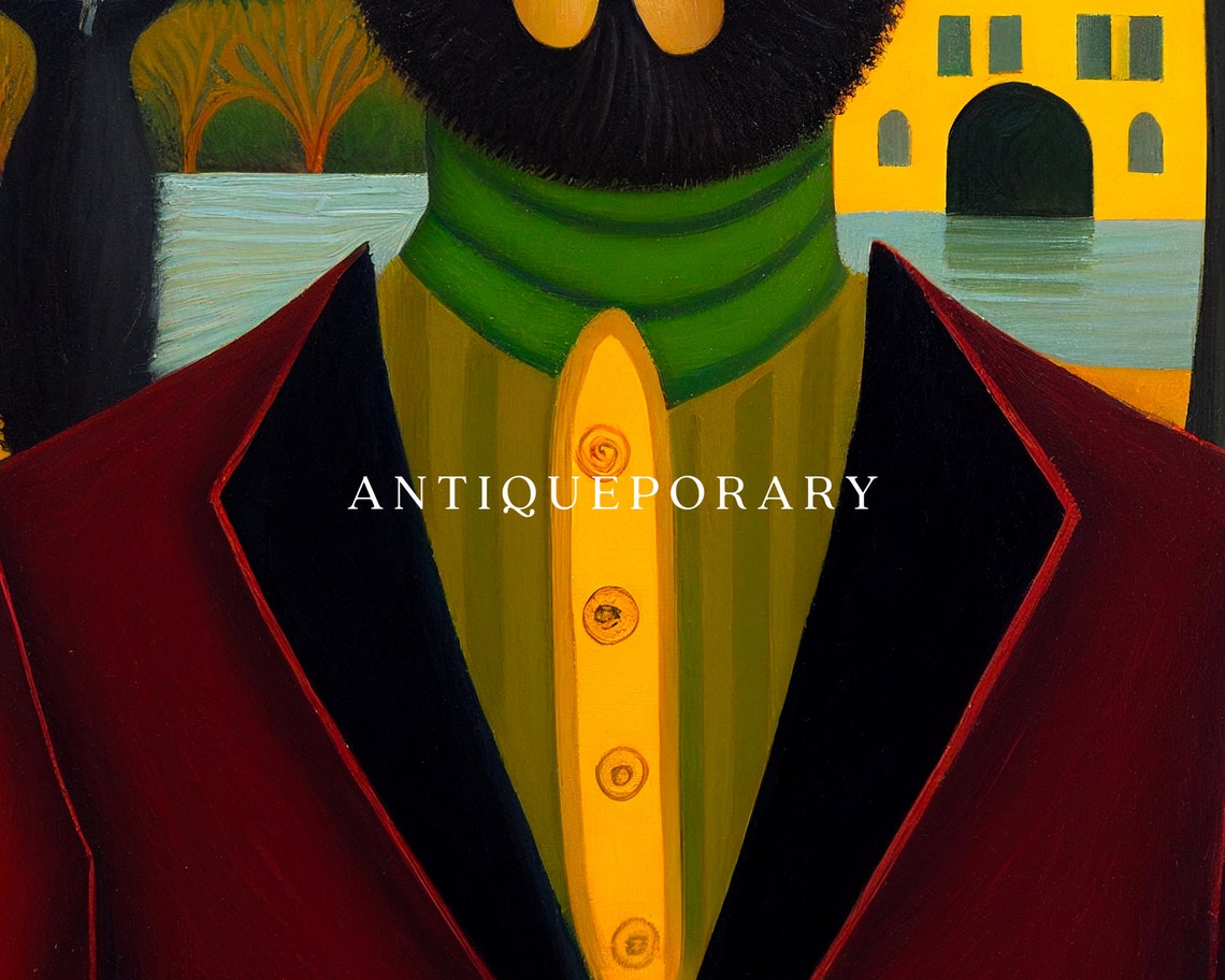 Bearded Man Black Cat Folk Art Portrait Naive Style Painting Poster - Image 2