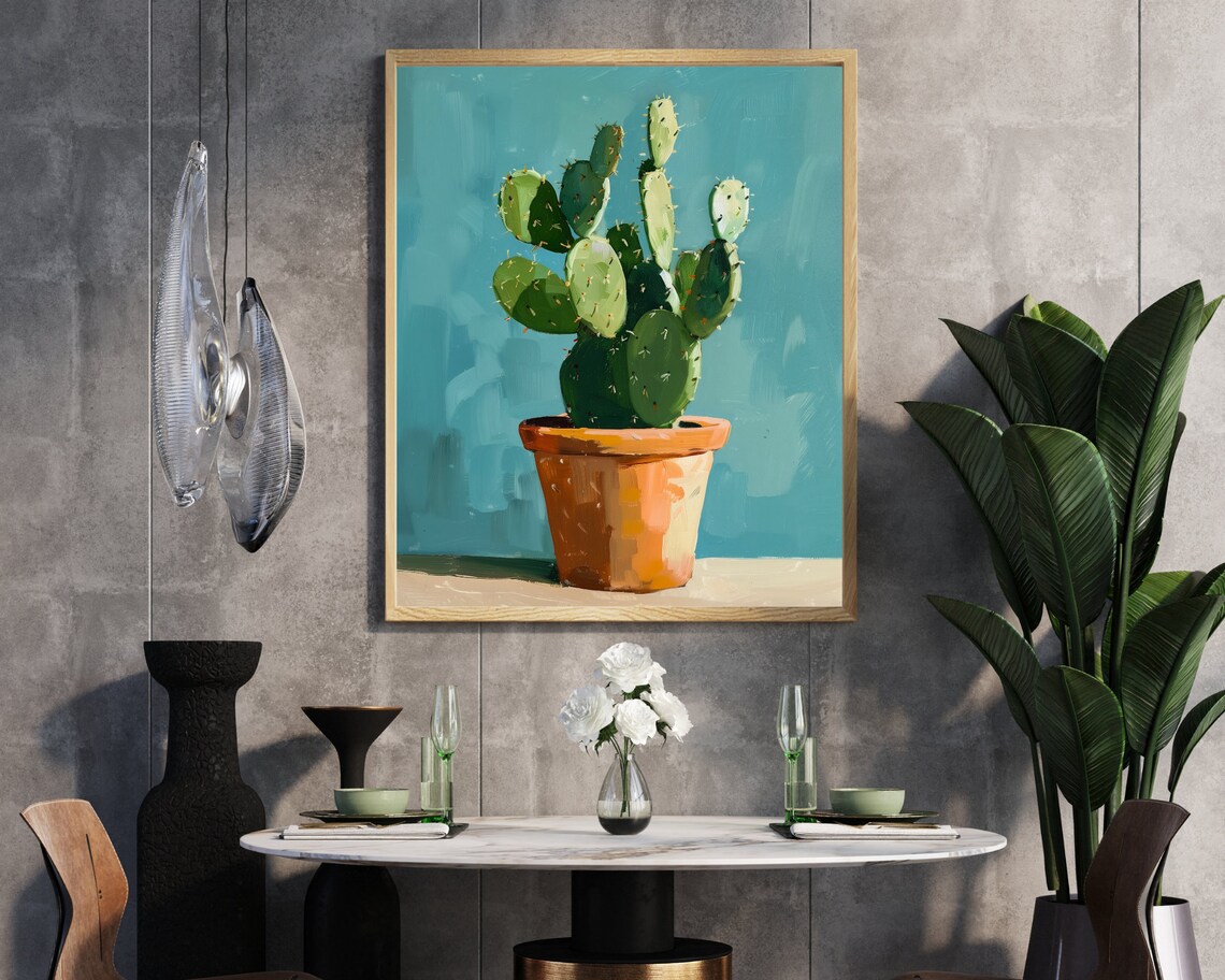 Potted Prickly Pear Cactus Terracotta Teal Abstract Wall Poster - Image 6