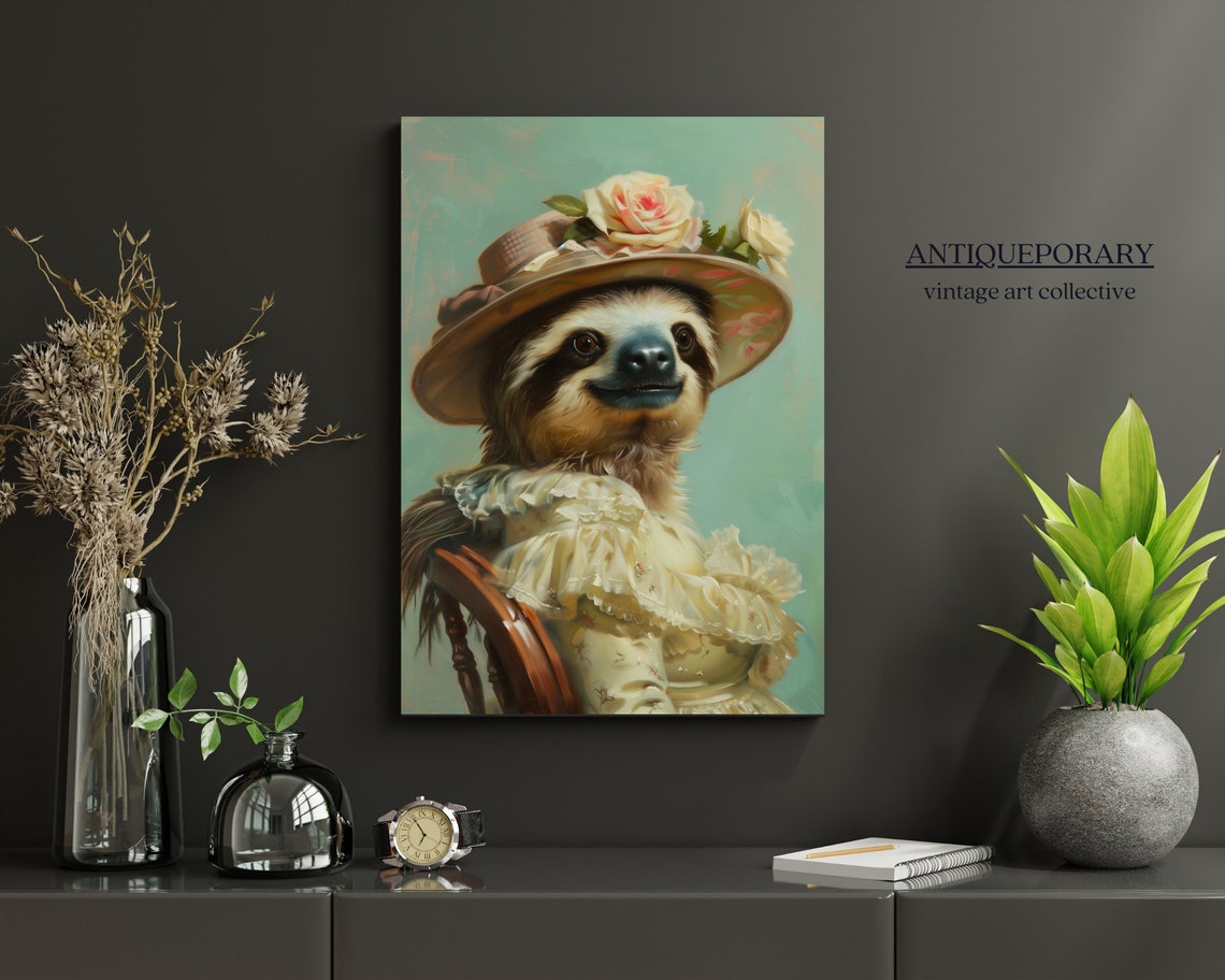 Sloth Lady in a Floral Hat and Ruffled Cream Victorian Dress Poster - Image 6