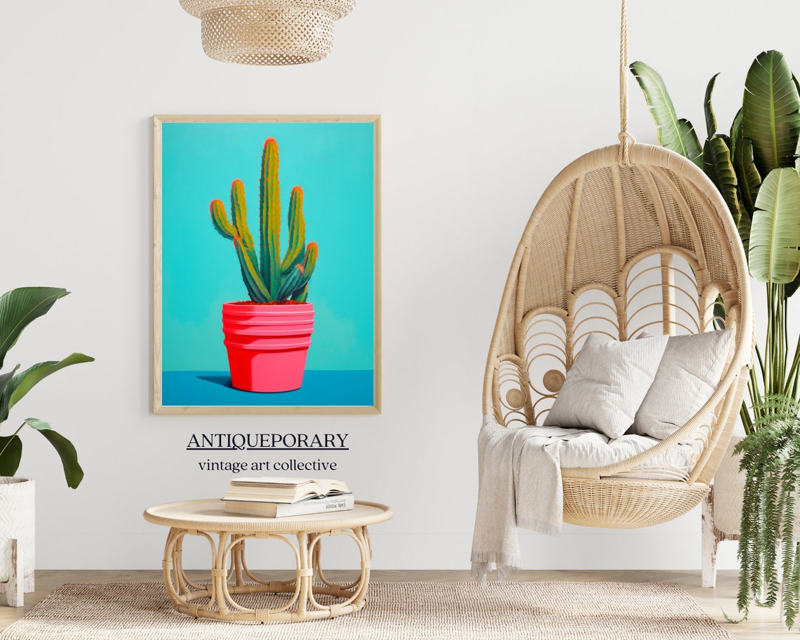 Pink Pot Cactus Turquoise Background Modern Pop Art Style Poster - Image 6