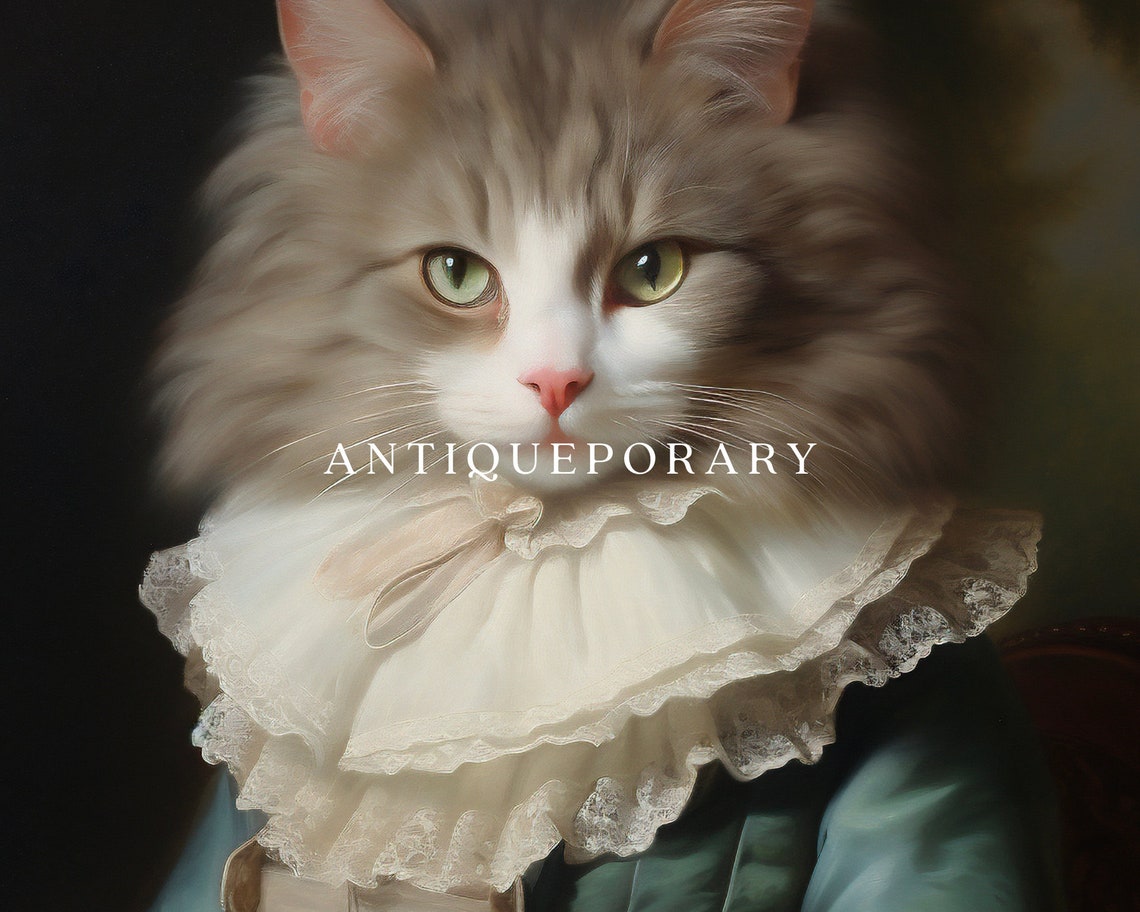 Royal Lady Cat Blue Dress Tea Cup Victorian Portrait Vintage Poster - Image 3