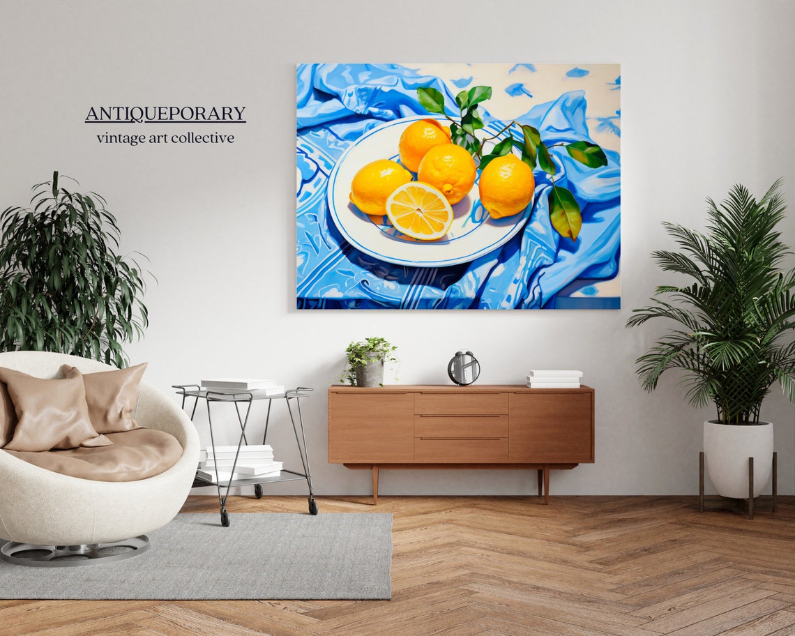 Lemon Still Life Blue Patterned Cloth Bright Citrus Painting Poster - Image 6