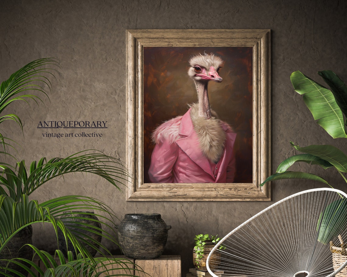 Charming Lady Ostrich in Pink Blazer Vintage Portrait Wall Art - Image 5