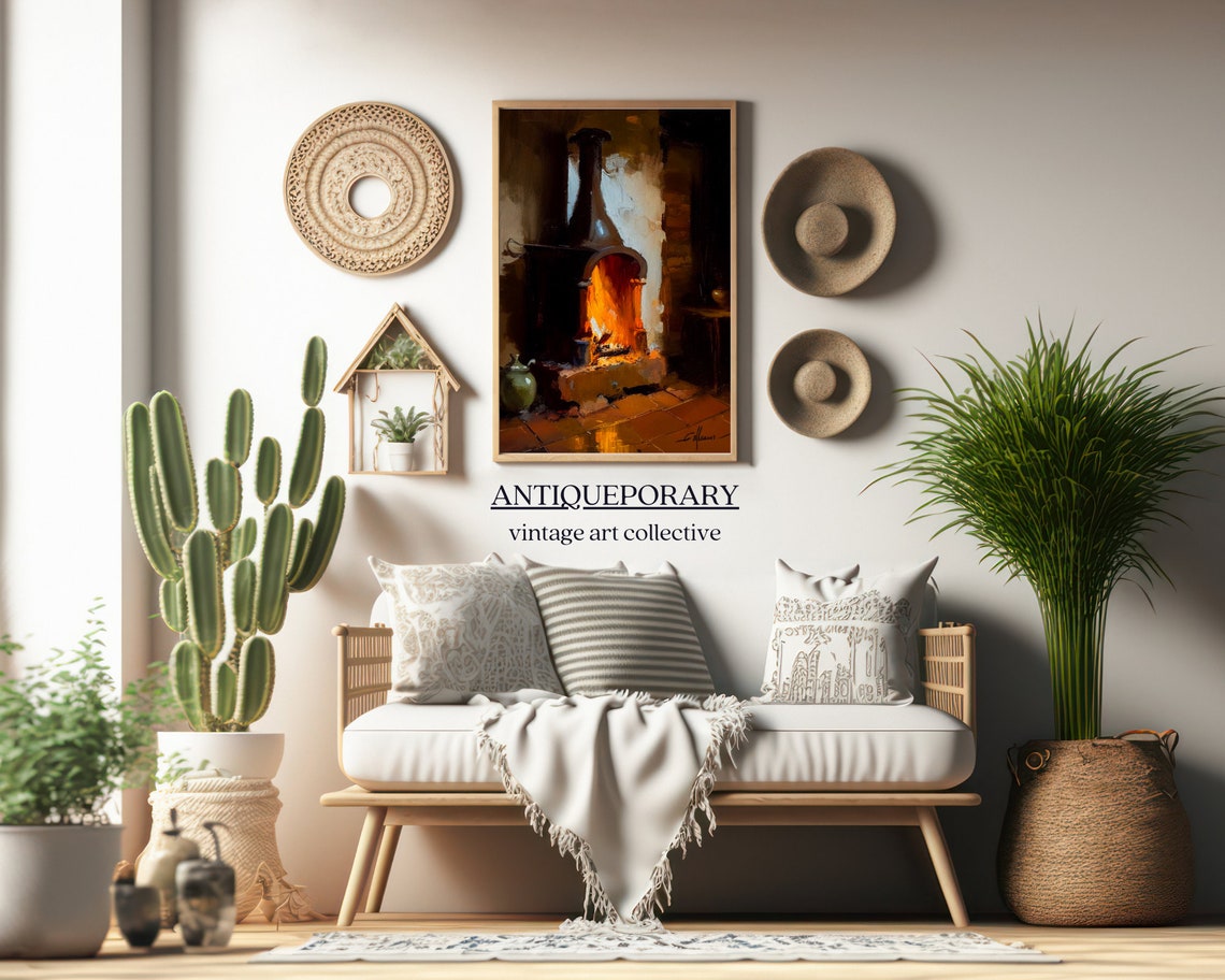Rustic Stone Fireplace Burning Fire Cozy Dark Interior Oil Poster - Image 4
