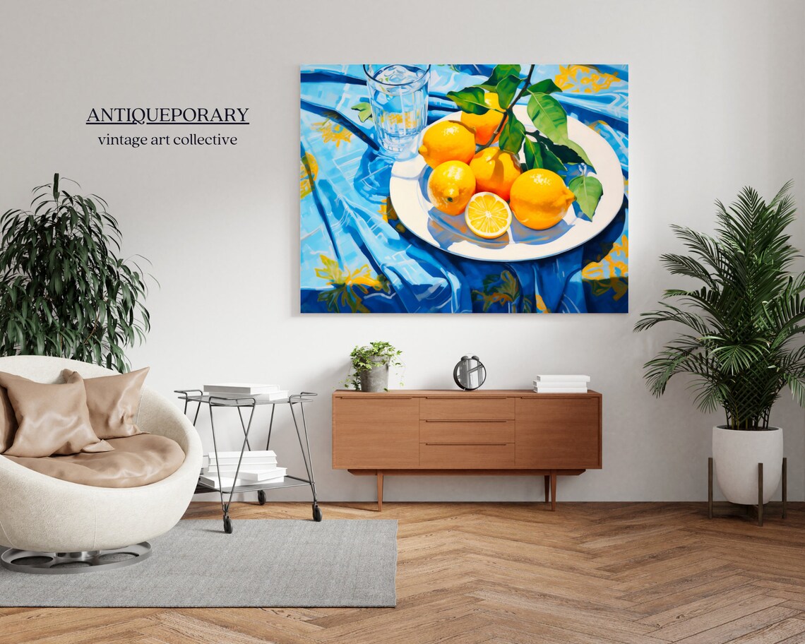Lemon Plate Glass Water Blue Cloth Sunny Citrus Still Life Poster - Image 5
