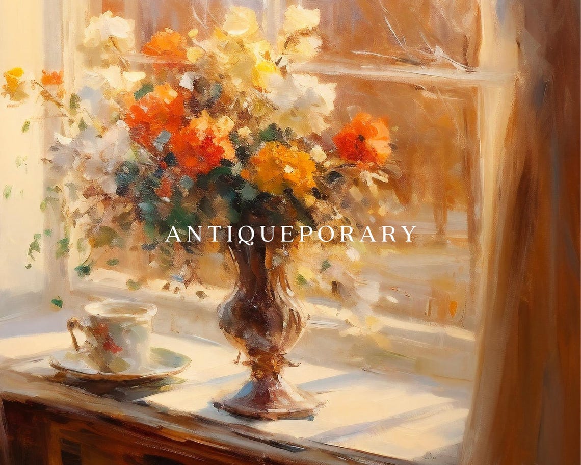Vintage Floral Still Life Duo with White Roses and Window Blooms Print - Image 2
