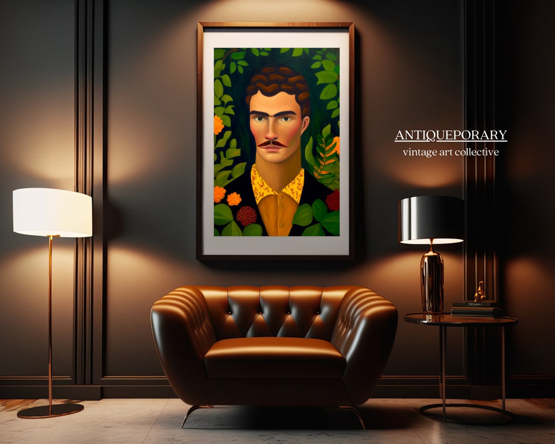 Bold Botanical Gentleman Portrait Mustache Tropical Leaves Art Poster - Image 5