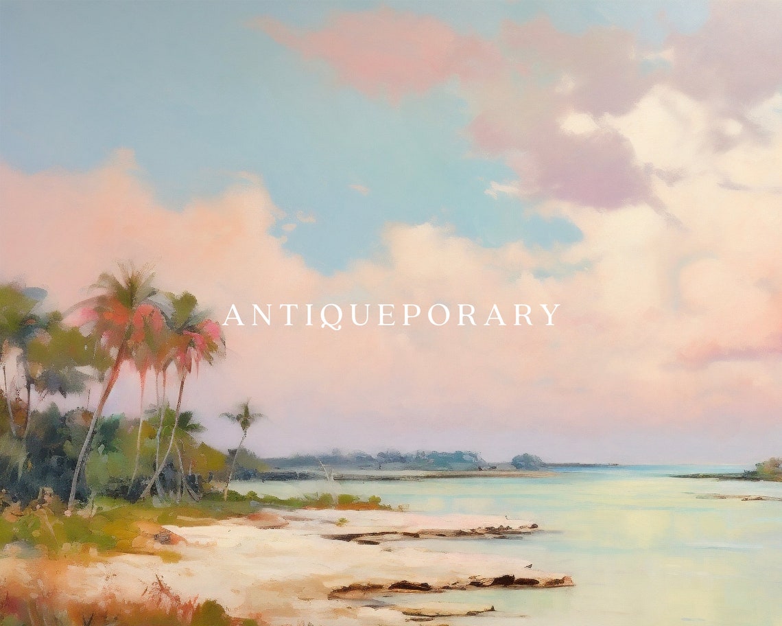 Pastel Beach Palm Trees Turquoise Water Coastal Landscape Poster - Image 3