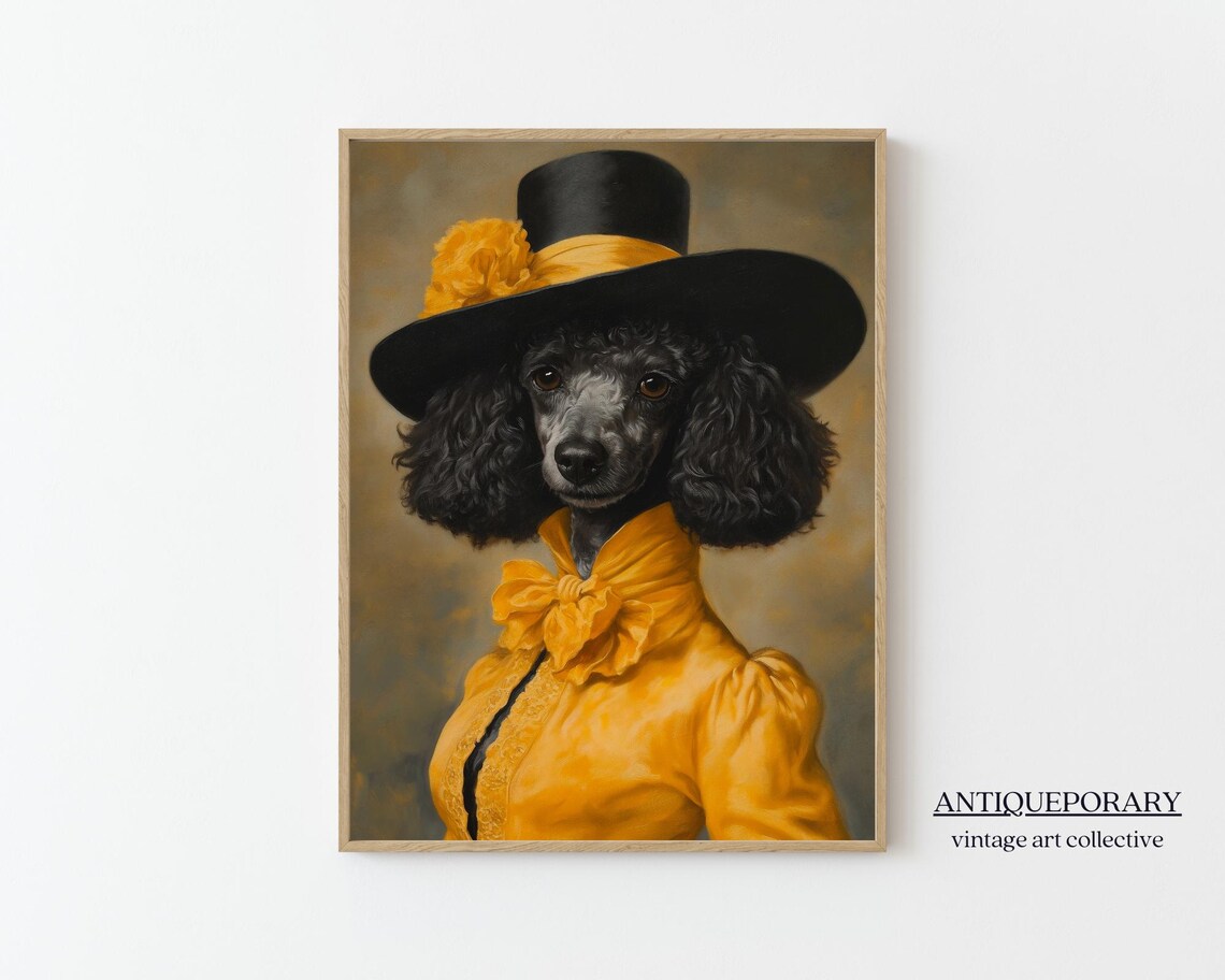 Black Poodle Vintage Portrait in Yellow Dress and Top Hat Poster