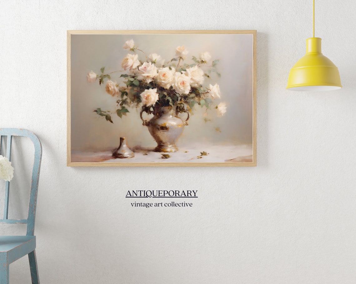 Neutral Flowers Vase Still Life Oil Painting Vintage Still Life Wall Art Antique Flowers Oil Painting Floral Botanical Print - Image 5
