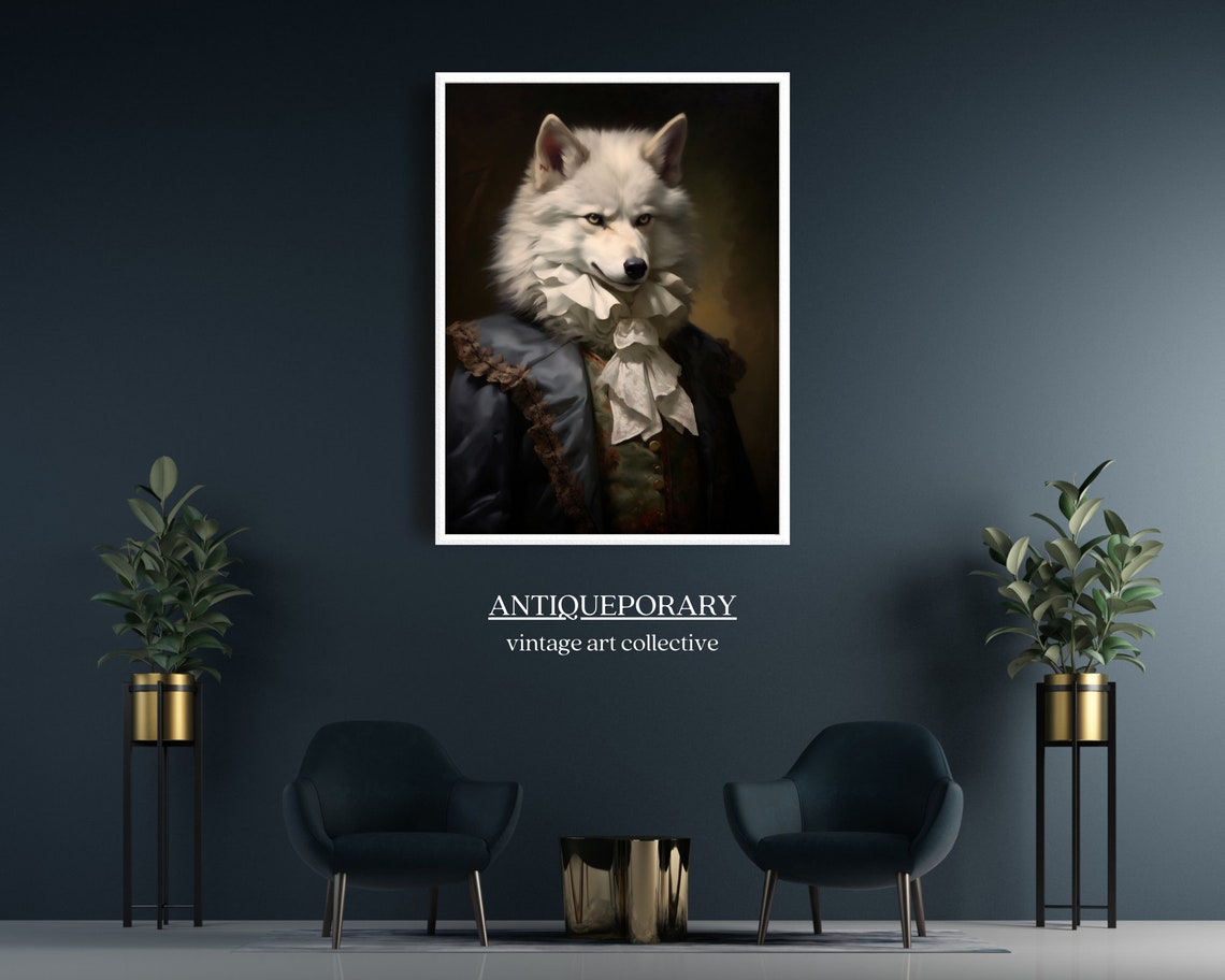 White Wolf in Ruffed Cravat and Dark Coat Vintage Portrait Poster - Image 7