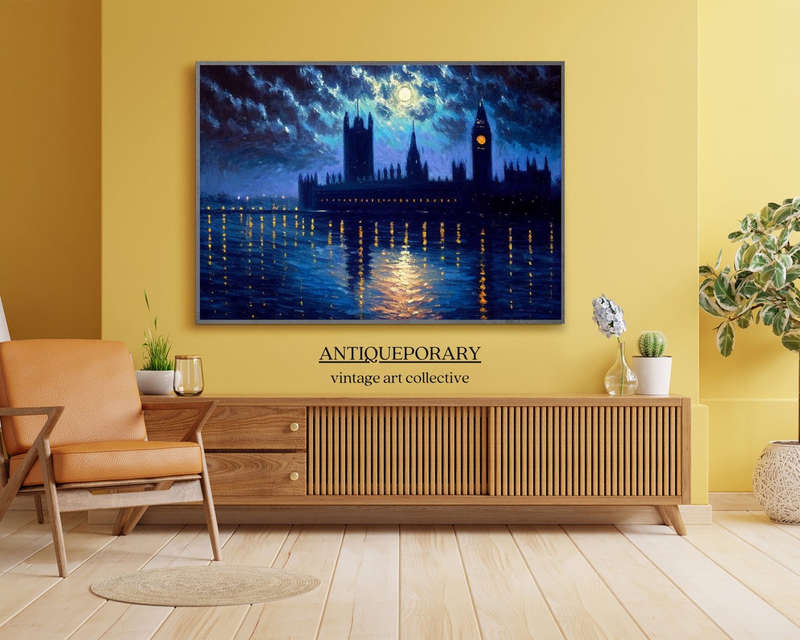 London Westminster Big Ben at Night Moonlit Thames Oil Painting Poster - Image 4