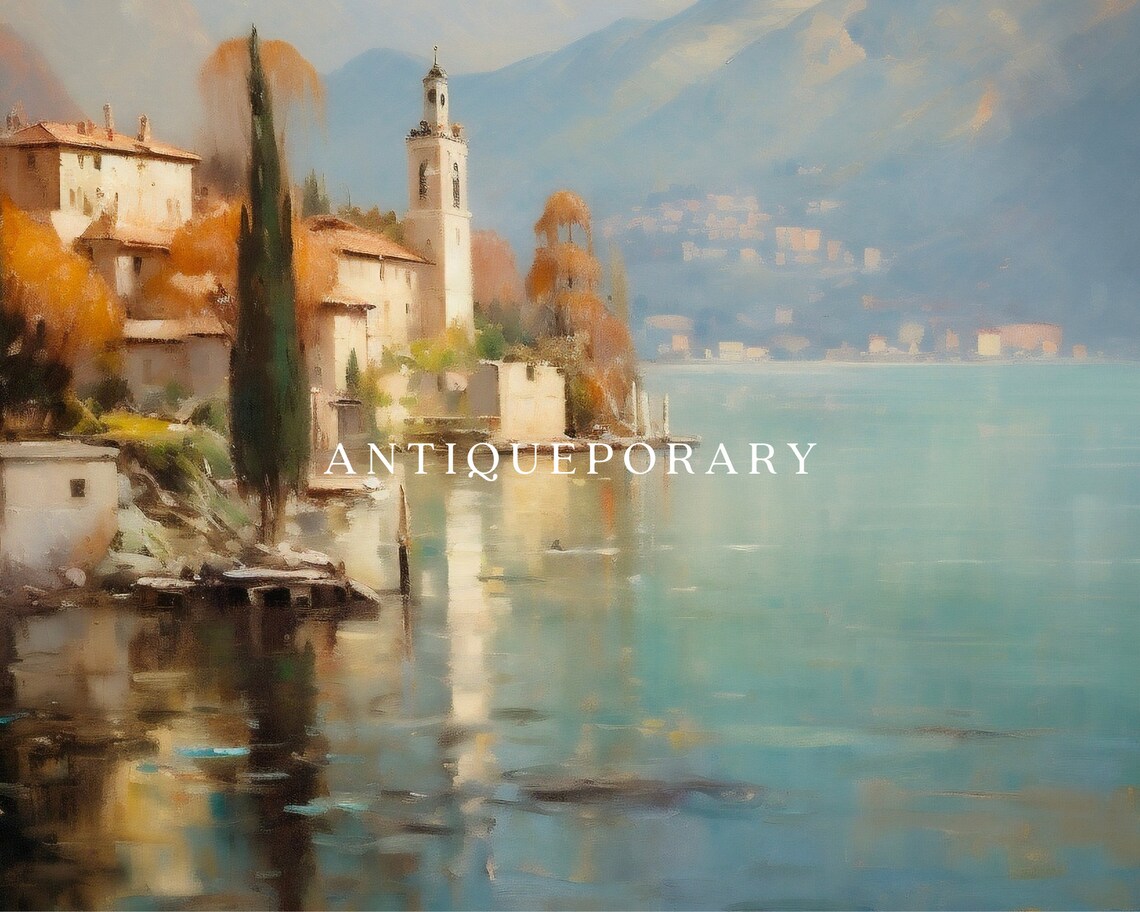 Italian Lake Village Church Cypress Mountains Vintage Country Poster - Image 2