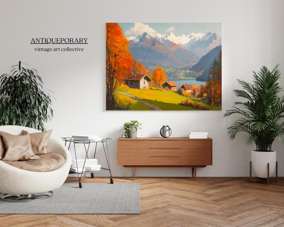 Alpine Village Snowy Mountain Lake Autumn Chalet Oil Painting Poster - Image 5