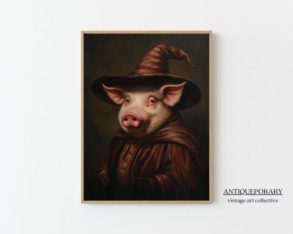 Halloween Wall Art Cute Wizard Pig Vintage Paintings Vintage Halloween Decor Victorian Animal Portrait Animal Lover Gift