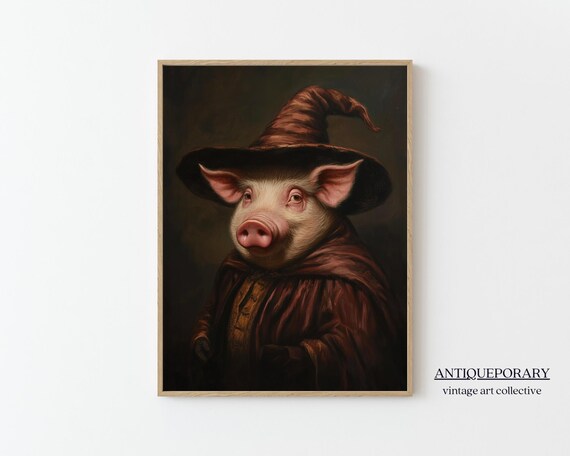 Pig Wizard Vintage Portrait in Brown Wizard Hat and Cloak Poster