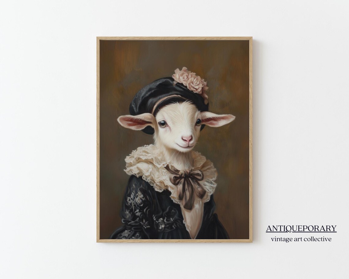 Victorian Baby Goat Bonnet Floral Vintage Animal Portrait Poster