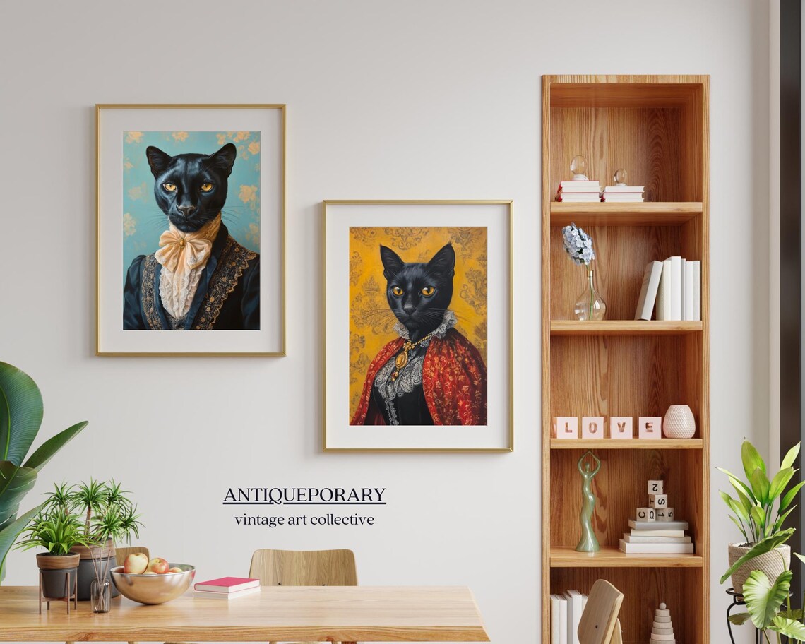 Royal Black Cat Portrait Golden Eyes Red Brocade Shawl Poster - Image 4