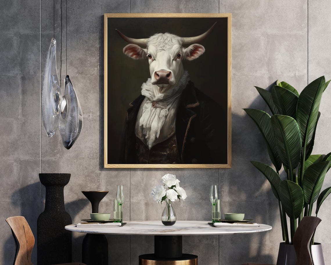 White Cow Longhorn Gentleman Black Coat Lace Cravat Victorian Poster - Image 2