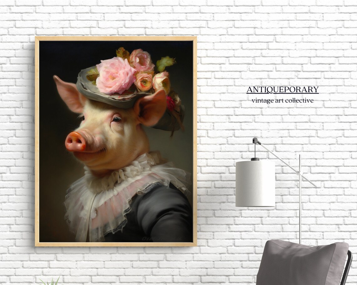 Charming Pig Lady Pink Floral Hat Oil Portrait Animal Art Poster - Image 4