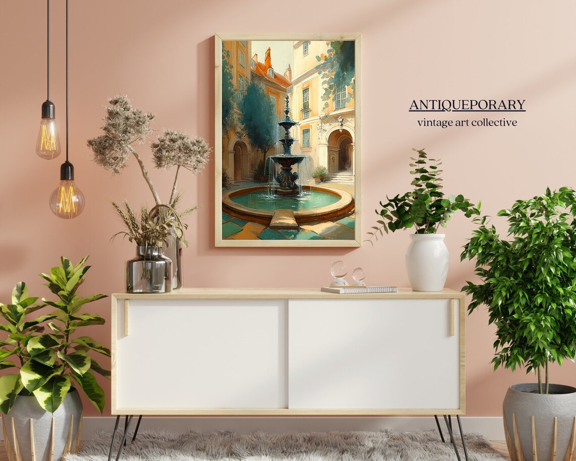Sunlit European Courtyard Fountain Old Town Travel Painting Poster - Image 5
