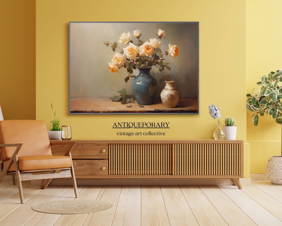 Flower Vase Still Life Oil Painting Vintage Kitchen Still Life Print Neutral Flowers Print Farmhouse Wall Decor Antique Still Life Print - Image 4