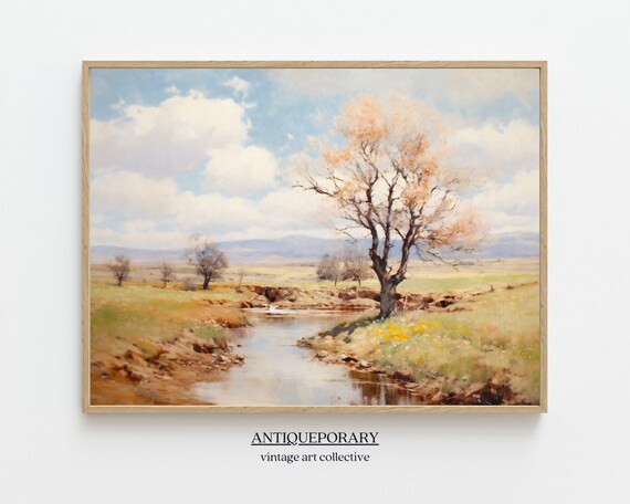 Spring River Meadow Landscape with Golden Tree Pastoral Oil Poster