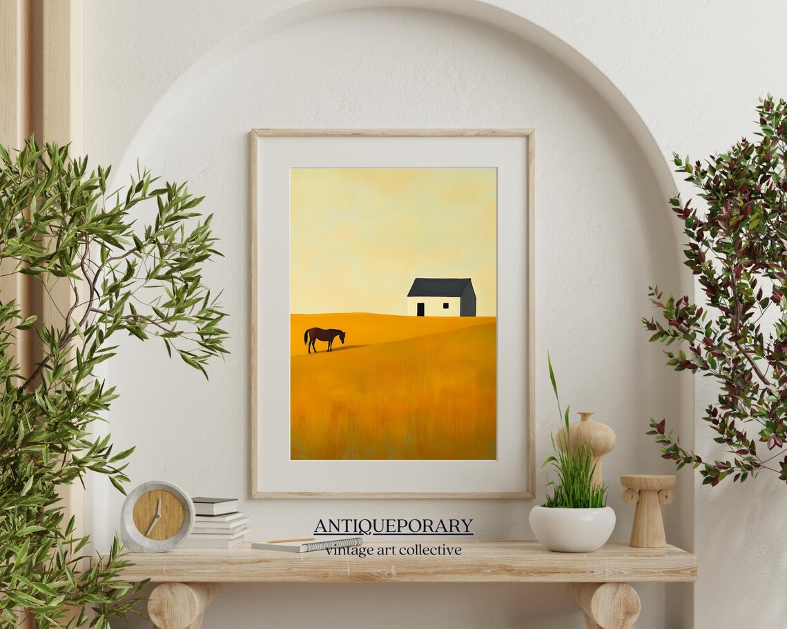 Golden Field Grazing Horse White House Warm Minimalist Art Poster - Image 2
