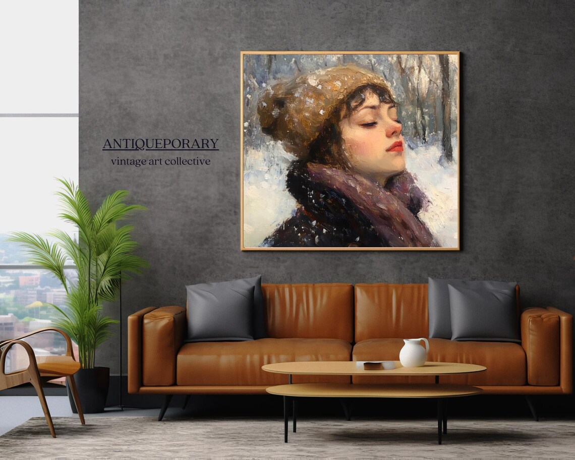 Woman in Snowfall Fur Hat Vintage Winter Portrait Oil Painting Poster - Image 6