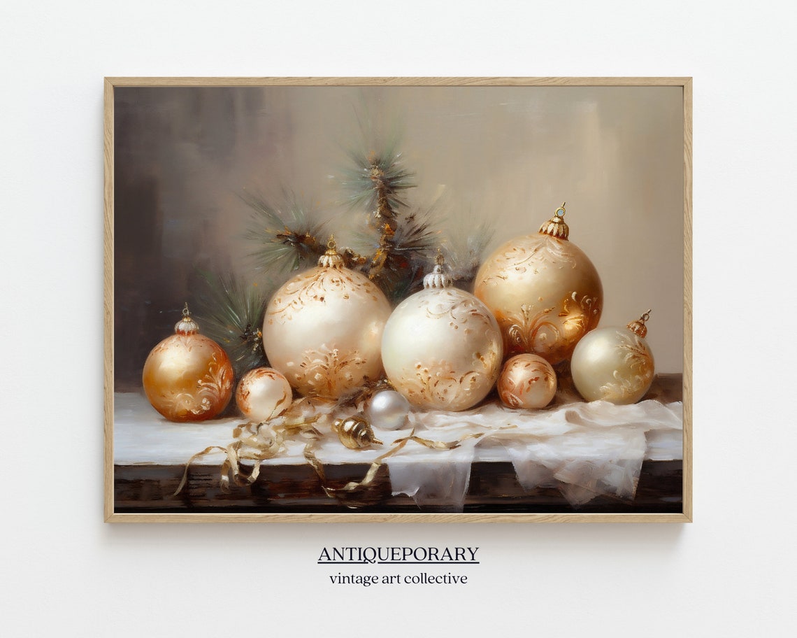 Gold and White Christmas Ornaments with Pine Still Life Poster