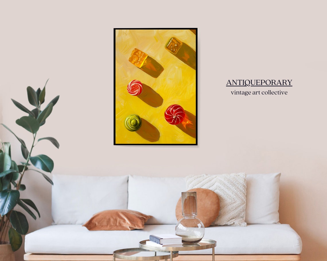 Candy Pieces Long Shadows on Yellow Background Playful Pop Art Poster - Image 7