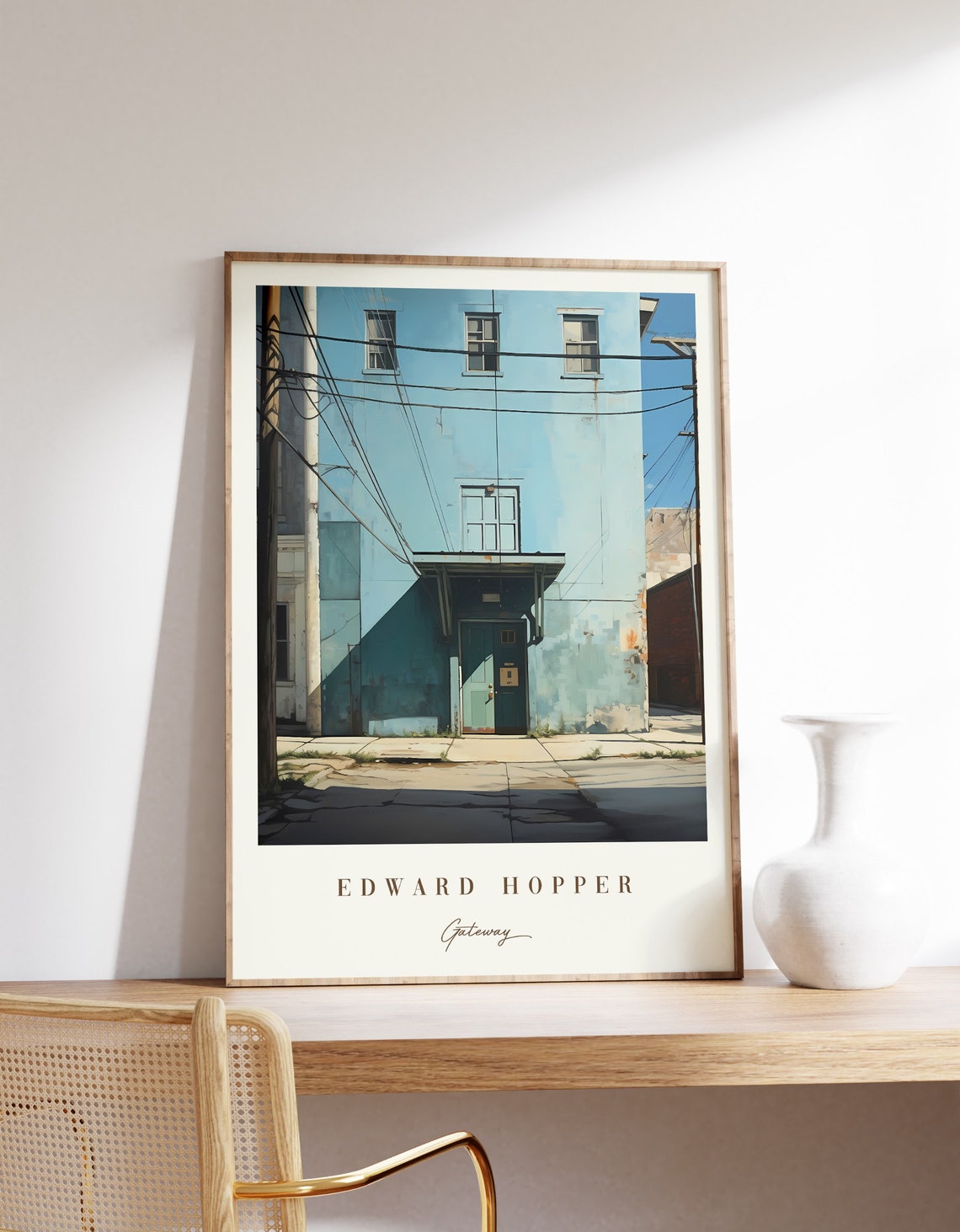 Edward Hopper Inspired Gateway Blue City Building Mid Century Poster