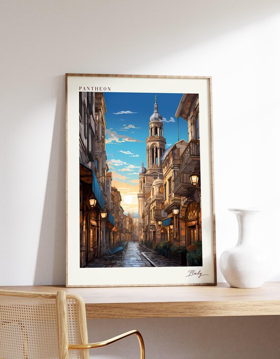 Pantheon Rome Italy Old Street Dome Sunset Travel Art Poster