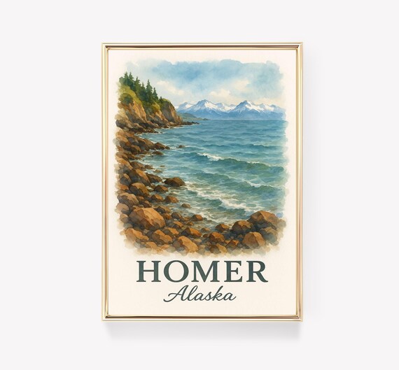 Homer Alaska Rocky Coastline Watercolor Travel Art Print Mountains