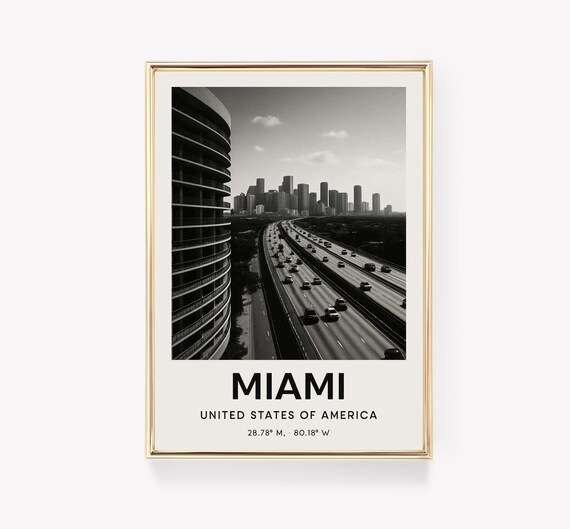 Miami Black and White Skyline Highway Photo Coordinate Poster