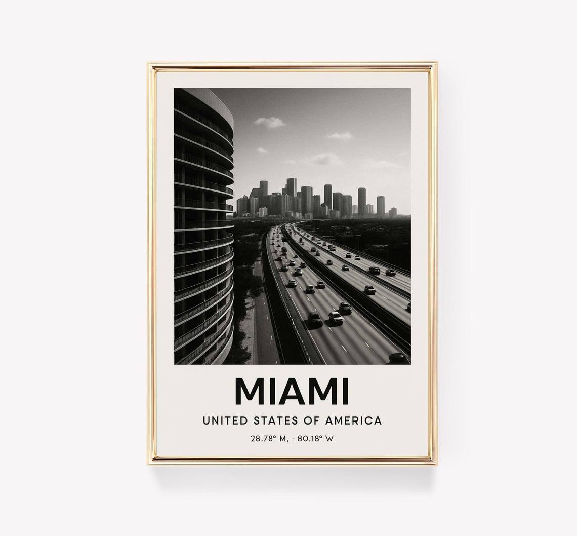 Miami Black and White Skyline Highway Photo Coordinate Poster