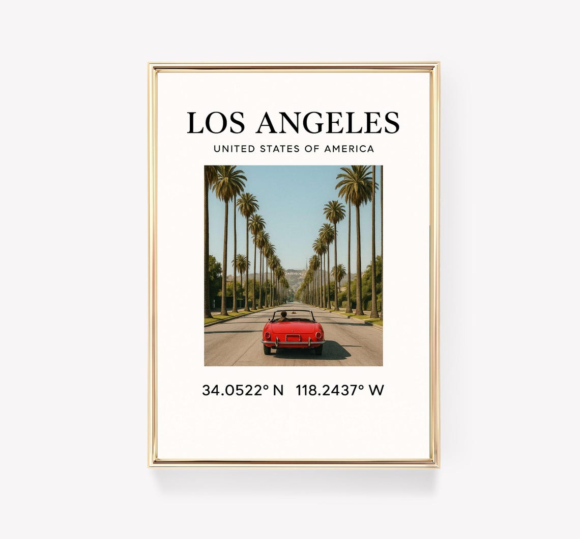 Los Angeles California Coordinates Red Convertible Palm Road Poster