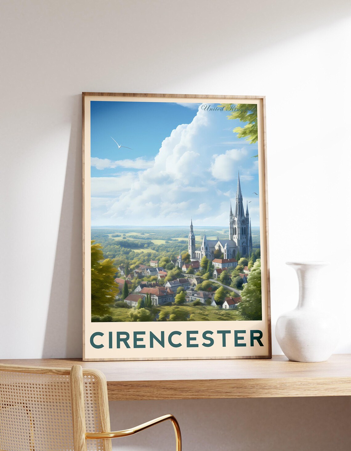 Cirencester United Kingdom Market Town Church Towers Vintage Poster