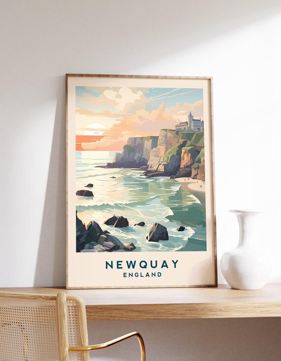 Newquay England Sunset Sea Cliffs Surfers Retro Coastline Travel Poster